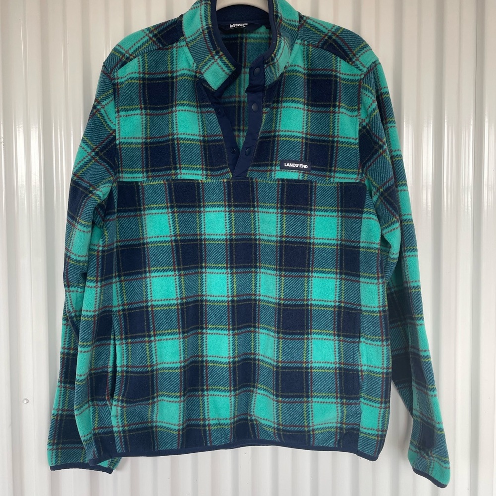 Lands' End Teal and Navy Plaid Fleece